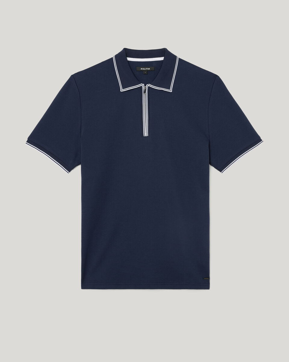 Textured Zip Collar Polo, Navy, hi-res